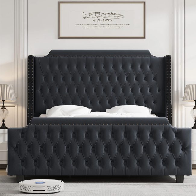 Deep Tufted Tall Headboard Bed Frame with Wingback