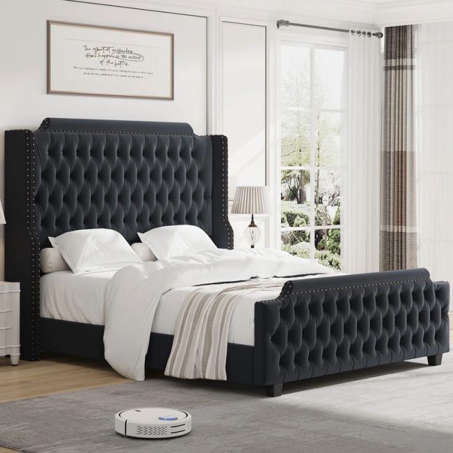 The Deep Tufted Tall Headboard Bed Frame with Wingback is a furniture piece that offers comfort and style for your bedroom. This bed features a tall headboard platform bed frame that combines riveted wingback, deep button tufted, and a stepped shaped velvet fabric headboard for a uniquely beautiful look that fits into any bedroom decor. The headboard is 140cm high and upholstered, which is higher than a regular bed, allowing for more comfort while reading or using your phone or tablet. The bed frame is made from high quality wooden slats, which make the upholstered bed strong and durable. The wingback of the bed frame not only prevents the mattress from sliding, but also increases the sturdiness of the bed. The bed is made of soft and comfortable velvet and filled with thick foam padding, which provide more comfortable support for your head and back. The Deep Tufted Tall Headboard Bed Frame with Wingback is a modern design bed that will make you feel cozy and pampered in your bedroom. Features: Tall wingback headboard design. Unique deep button tufting. Stepped shaped velvet fabric. 140cm high upholstered headboard. High-quality wooden slats. Wingback prevents sliding. Sturdy and durable construction. Soft velvet with thick padding. Cozy modern design bed. Dimension: Queen Size: 160cm x 200cm King Size: 180cm x 200cm Super King Size: 200cm x 200cm Customer Note Before Placing Order Please note that the product’s color may vary slightly from the displayed images due to different screen resolutions. To ensure you receive the exact color you desire, we recommend contacting our sales team for the precise color code.