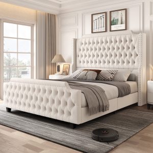 Deep Tufted Tall Headboard Bed Frame with Wingback