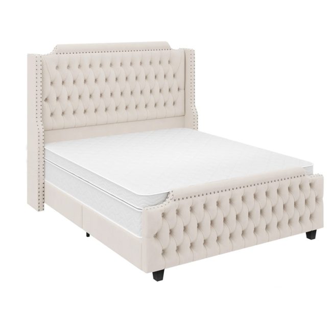 The Deep Tufted Tall Headboard Bed Frame with Wingback is a furniture piece that offers comfort and style for your bedroom. This bed features a tall headboard platform bed frame that combines riveted wingback, deep button tufted, and a stepped shaped velvet fabric headboard for a uniquely beautiful look that fits into any bedroom decor. The headboard is 140cm high and upholstered, which is higher than a regular bed, allowing for more comfort while reading or using your phone or tablet. The bed frame is made from high quality wooden slats, which make the upholstered bed strong and durable. The wingback of the bed frame not only prevents the mattress from sliding, but also increases the sturdiness of the bed. The bed is made of soft and comfortable velvet and filled with thick foam padding, which provide more comfortable support for your head and back. The Deep Tufted Tall Headboard Bed Frame with Wingback is a modern design bed that will make you feel cozy and pampered in your bedroom. Features: Tall wingback headboard design. Unique deep button tufting. Stepped shaped velvet fabric. 140cm high upholstered headboard. High-quality wooden slats. Wingback prevents sliding. Sturdy and durable construction. Soft velvet with thick padding. Cozy modern design bed. Dimension: Queen Size: 160cm x 200cm King Size: 180cm x 200cm Super King Size: 200cm x 200cm Customer Note Before Placing Order Please note that the product’s color may vary slightly from the displayed images due to different screen resolutions. To ensure you receive the exact color you desire, we recommend contacting our sales team for the precise color code.