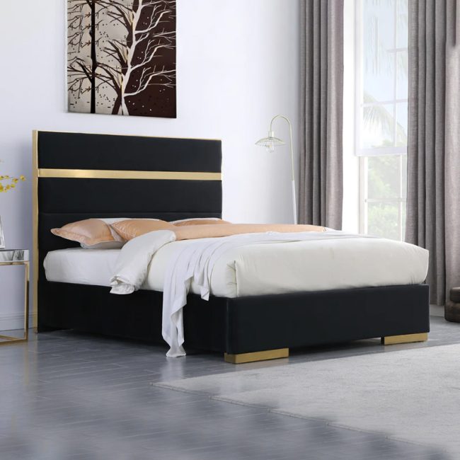 Luxury Velvet Ottoman Bed with Golden Finish