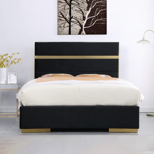 Luxury Velvet Ottoman Bed with Golden Finish