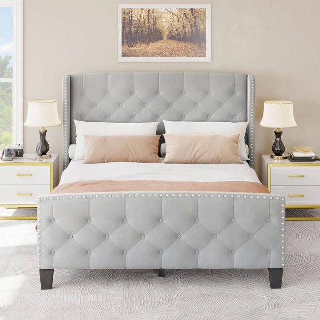 Elegant Wingback Velvet Tufted Headboard Bed