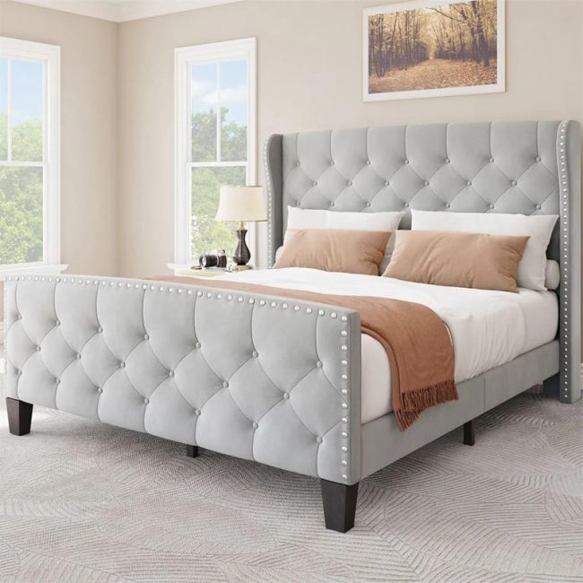 Elegant Wingback Velvet Tufted Headboard Bed