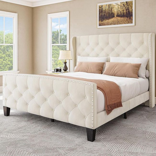 Elegant Wingback Velvet Tufted Headboard Bed