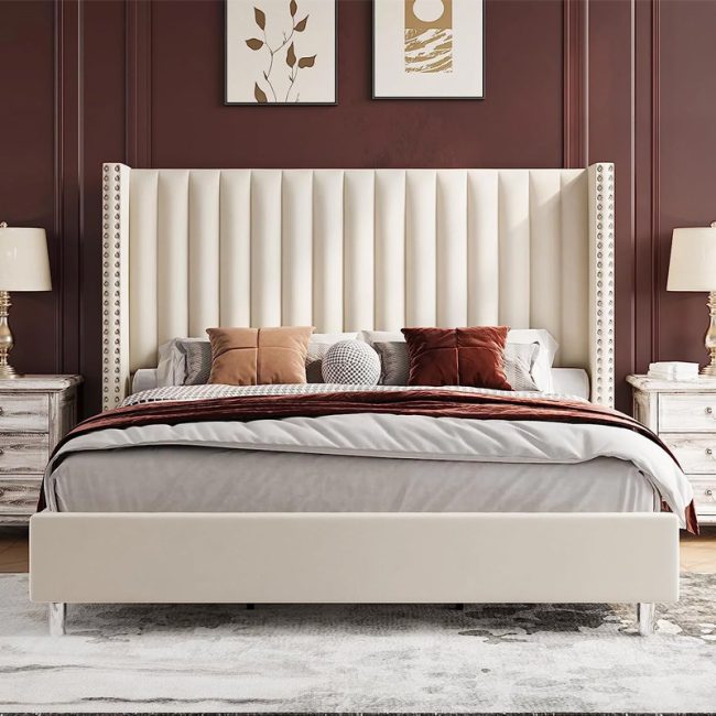 King Platform Bed Frame with Wingback Headboard