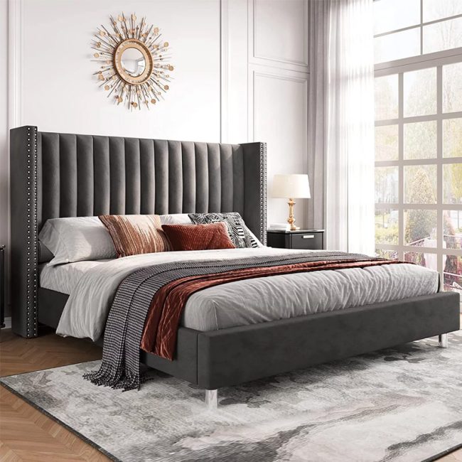 King Platform Bed Frame with Wingback Headboard