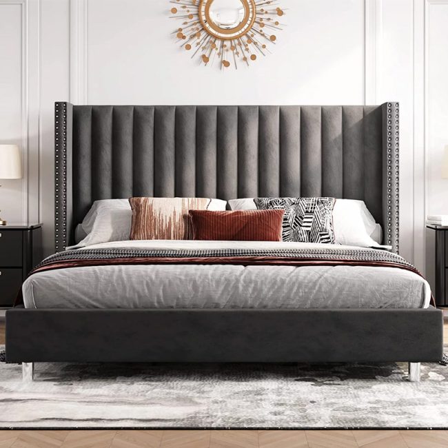 King Platform Bed Frame with Wingback Headboard