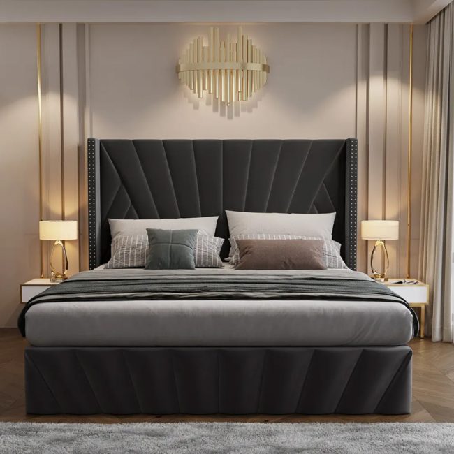 Luxury Grey Velvet Bed Engineered Wood