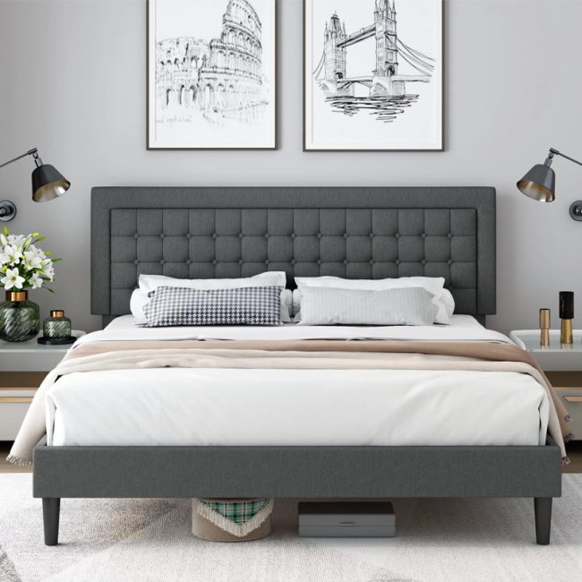 Modern Bed Frame with Button Tufted Headboard Bed