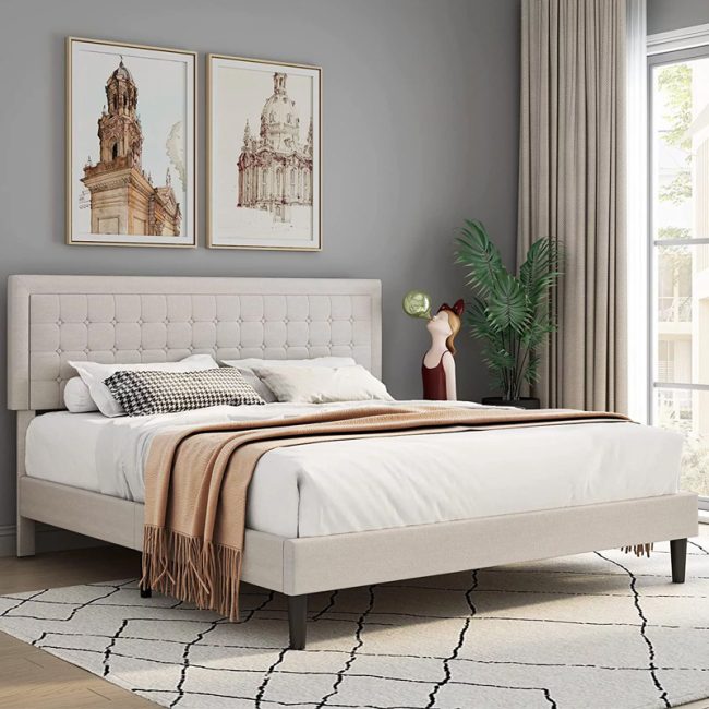 Modern Bed Frame with Button Tufted Headboard Bed