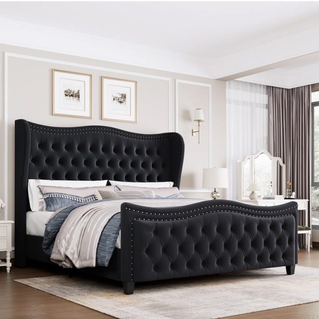 Modern Wave Design Deep Tufted Headboard Bed