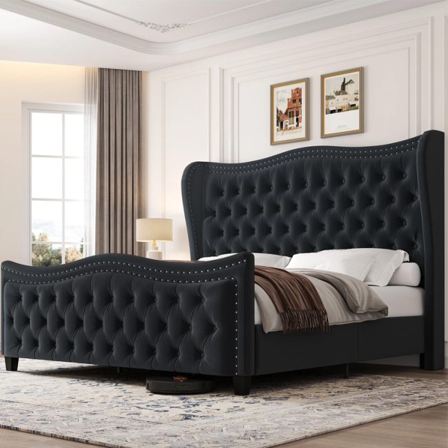 Modern Wave Design Deep Tufted Headboard Bed