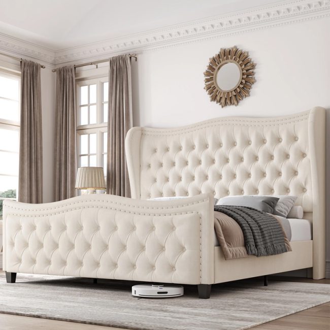 Modern Wave Design Deep Tufted Headboard Bed