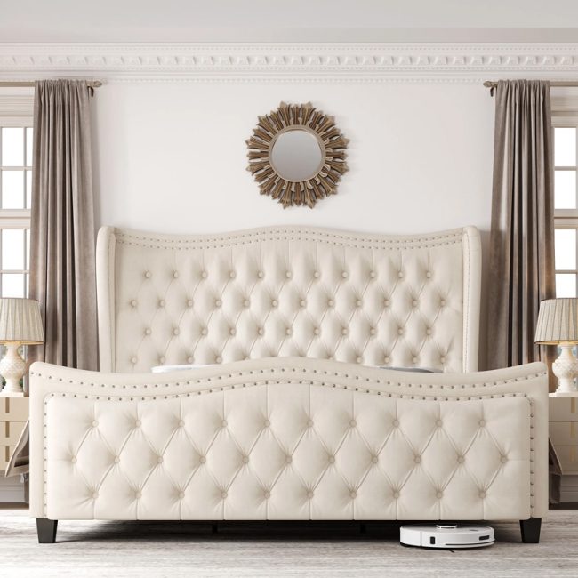 Modern Wave Design Deep Tufted Headboard Bed