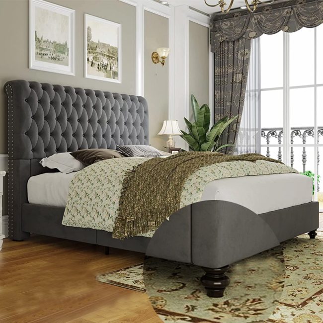 Rolled Edge Deep Button Tufted Headboard Bed