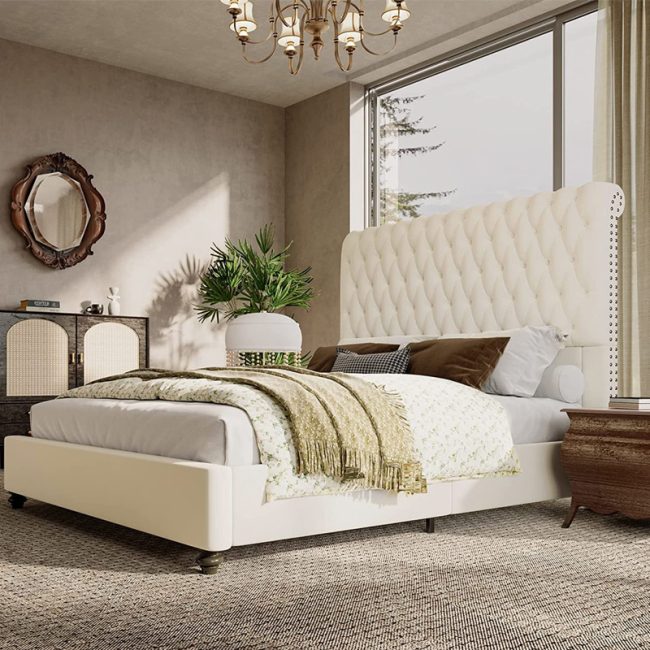 Rolled Edge Deep Button Tufted Headboard Bed