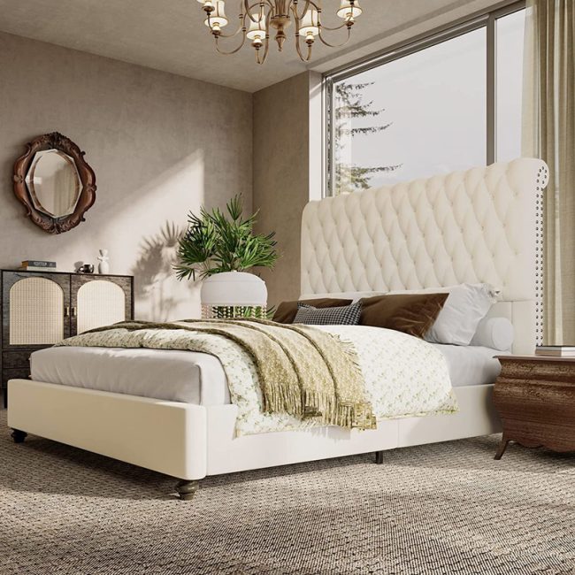 Rolled Edge Deep Button Tufted Headboard Bed