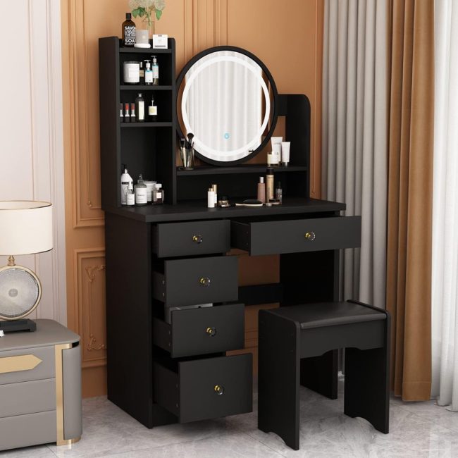 Round Mirror 5 Drawers Dressing Table