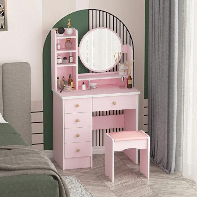 Round Mirror 5 Drawers Dressing Table