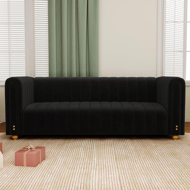 Velvet Sofa with Round Handrails and Metal