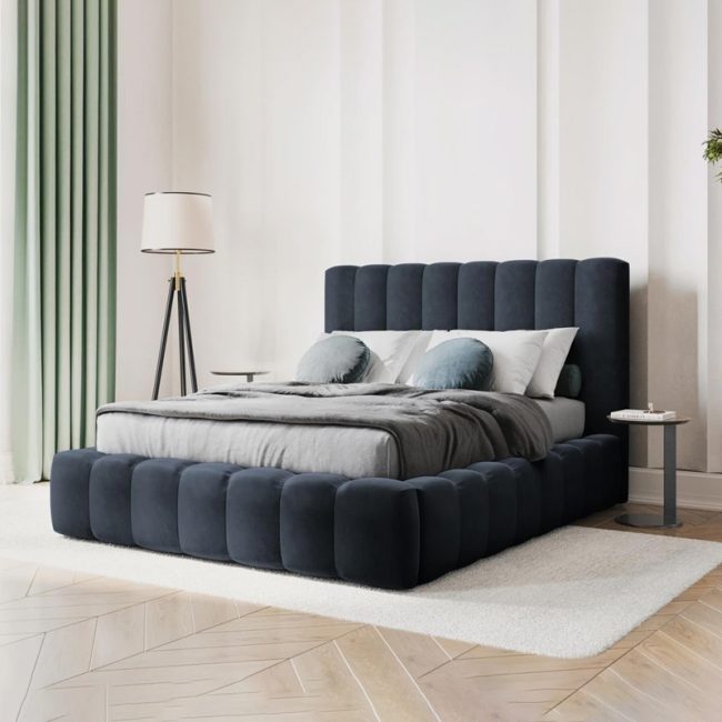 Vertical Channel Velvet Tufted Low Profile Bed