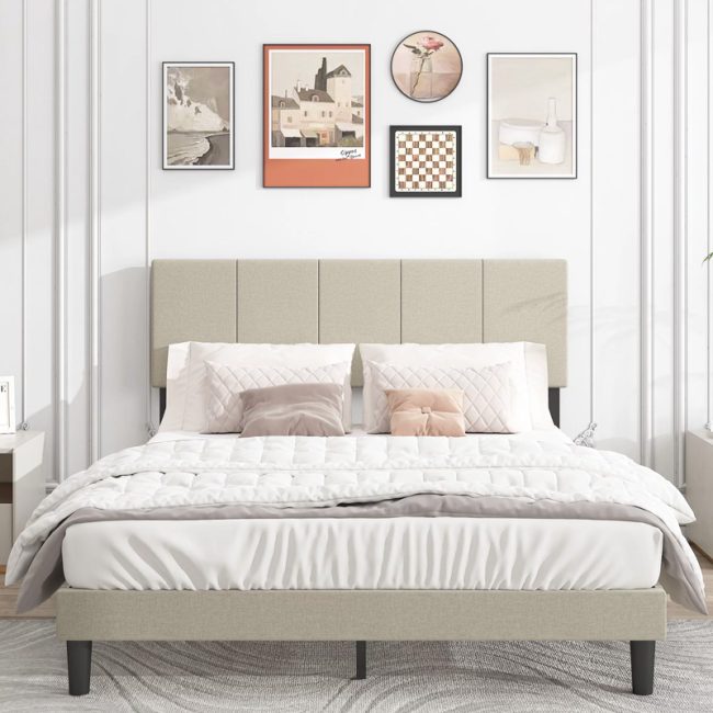 Vertical Line Fabric Upholstered Headboard Bed