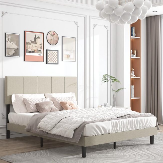 Vertical Line Fabric Upholstered Headboard Bed