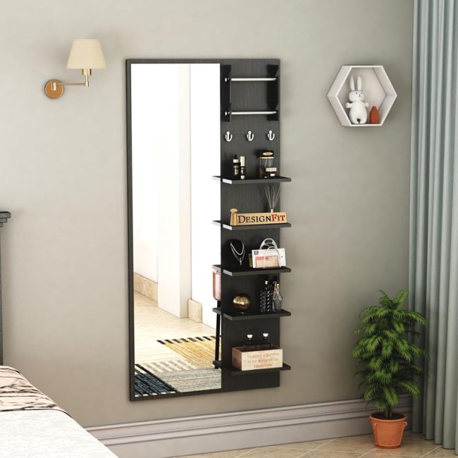 Wall Mount Dressing Table with Mirror and Open Shelves