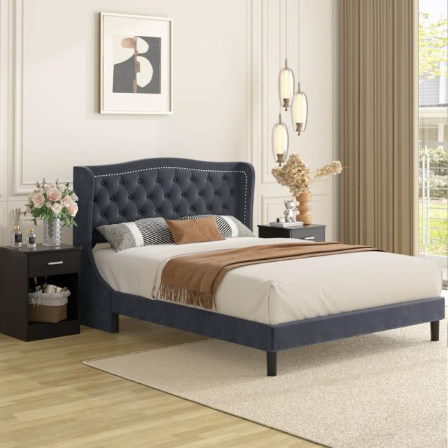 Wingback Button Tufted Upholstered Headboard Bed