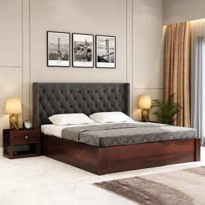 Buy Now Wooden Bed with Fabric Upholstered Headboard