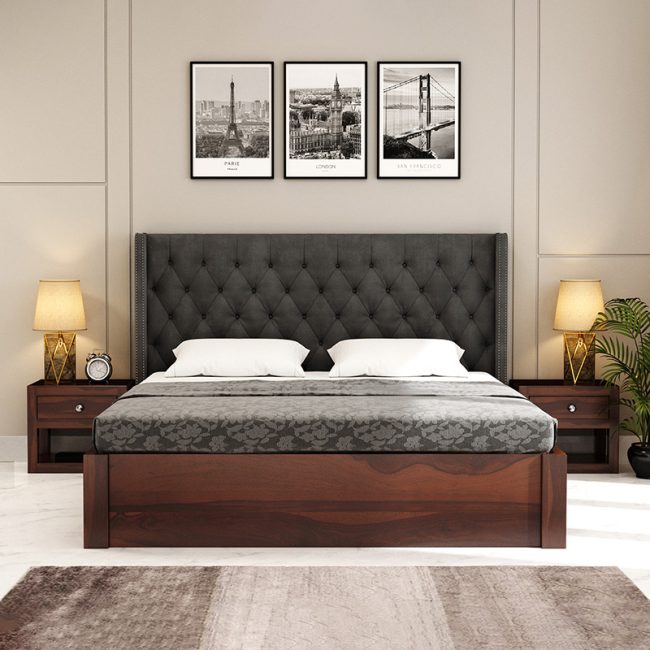 Wooden Bed with Fabric Upholstered Headboard