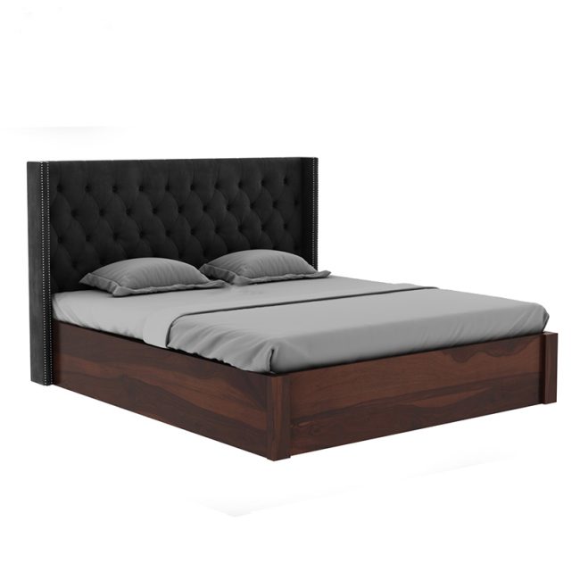 Wooden Bed with Fabric Upholstered Headboard