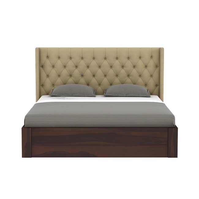 Wooden Bed with Fabric Upholstered Headboard