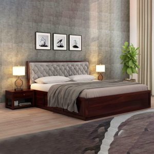 Wooden Bed with Upholstered Cushioned Headboard