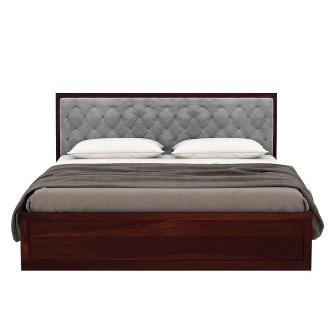 Wooden Bed with Upholstered Cushioned Headboard