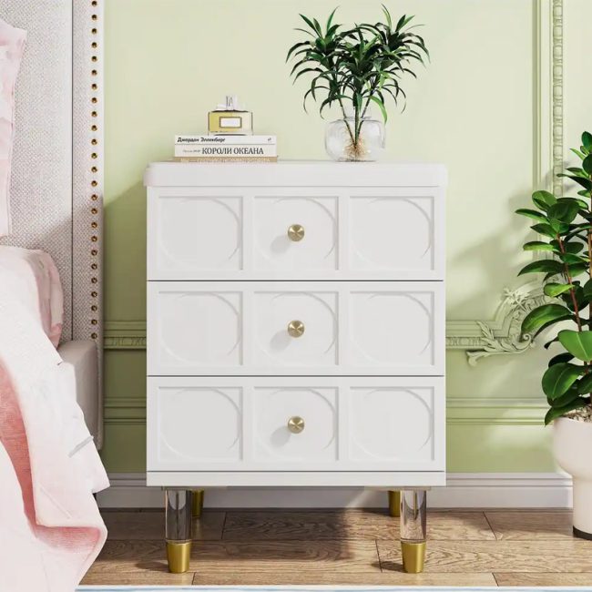 Bedroom 3 Drawers White Gold Nightstand