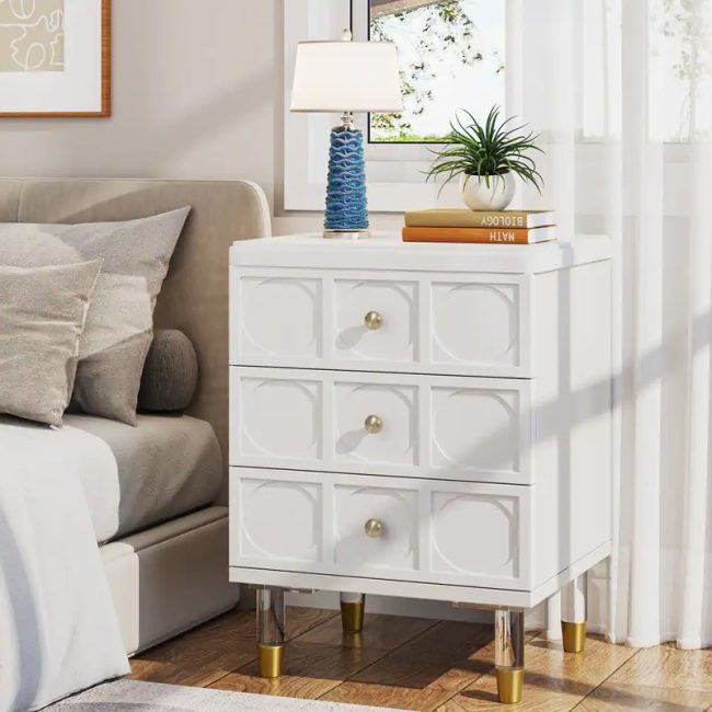 Bedroom 3 Drawers White Gold Nightstand