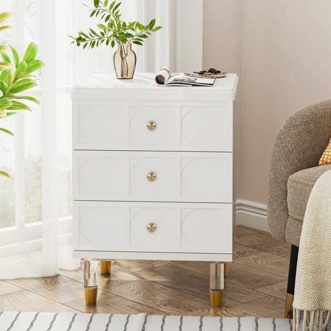 Bedroom 3 Drawers White Gold Nightstand