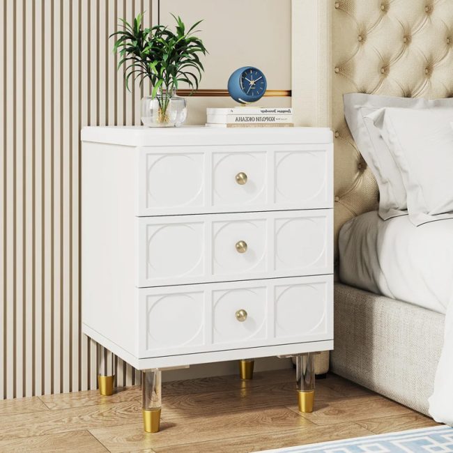 Bedroom 3 Drawers White Gold Nightstand