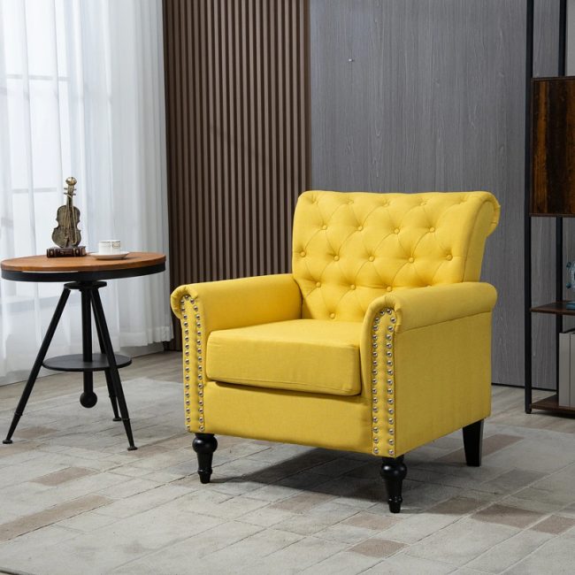 Button Tufted Back Linen Upholstered Armchair