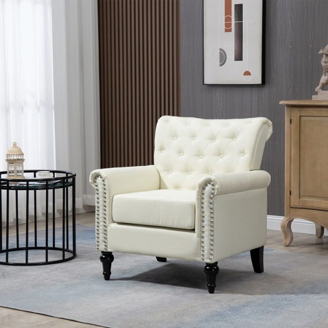 Button Tufted Back Linen Upholstered Armchair