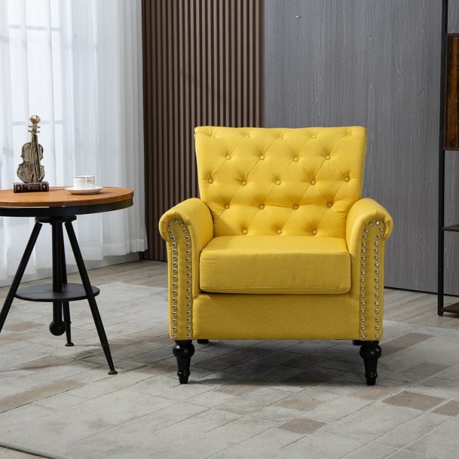 Button Tufted Back Linen Upholstered Armchair