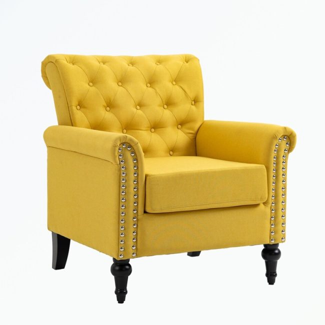 Button Tufted Back Linen Upholstered Armchair