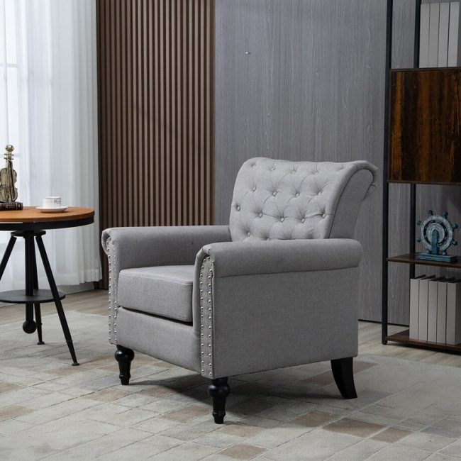 Button Tufted Back Linen Upholstered Armchair