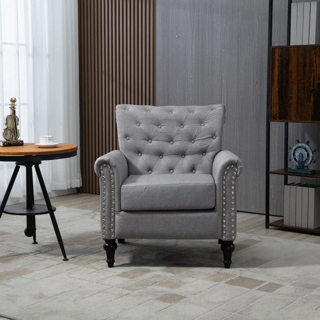 Button Tufted Back Linen Upholstered Armchair