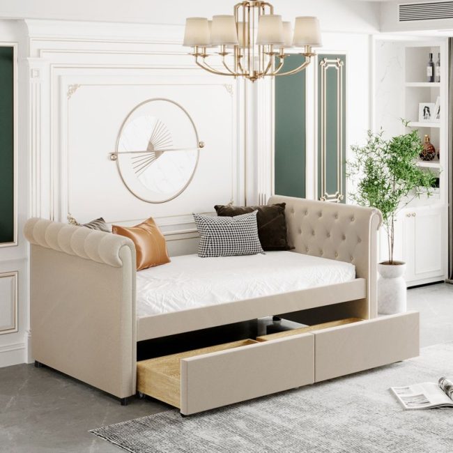 Contemporary Upholstered Twin daybed with Drawers