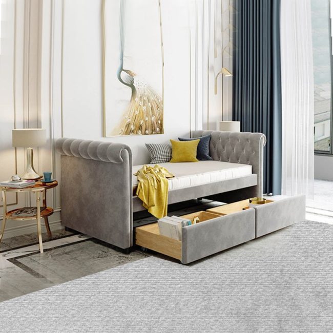 Contemporary Upholstered Twin daybed with Drawers