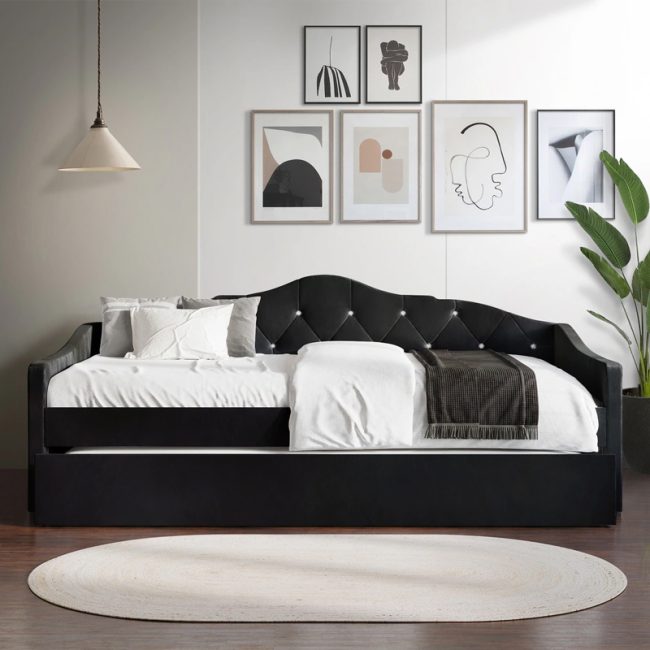 Crystal Button Tufted Twin Daybed with Trundle