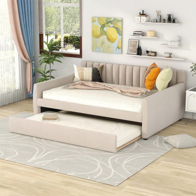 Elegant Twin Size Upholstered Daybed with Trundle